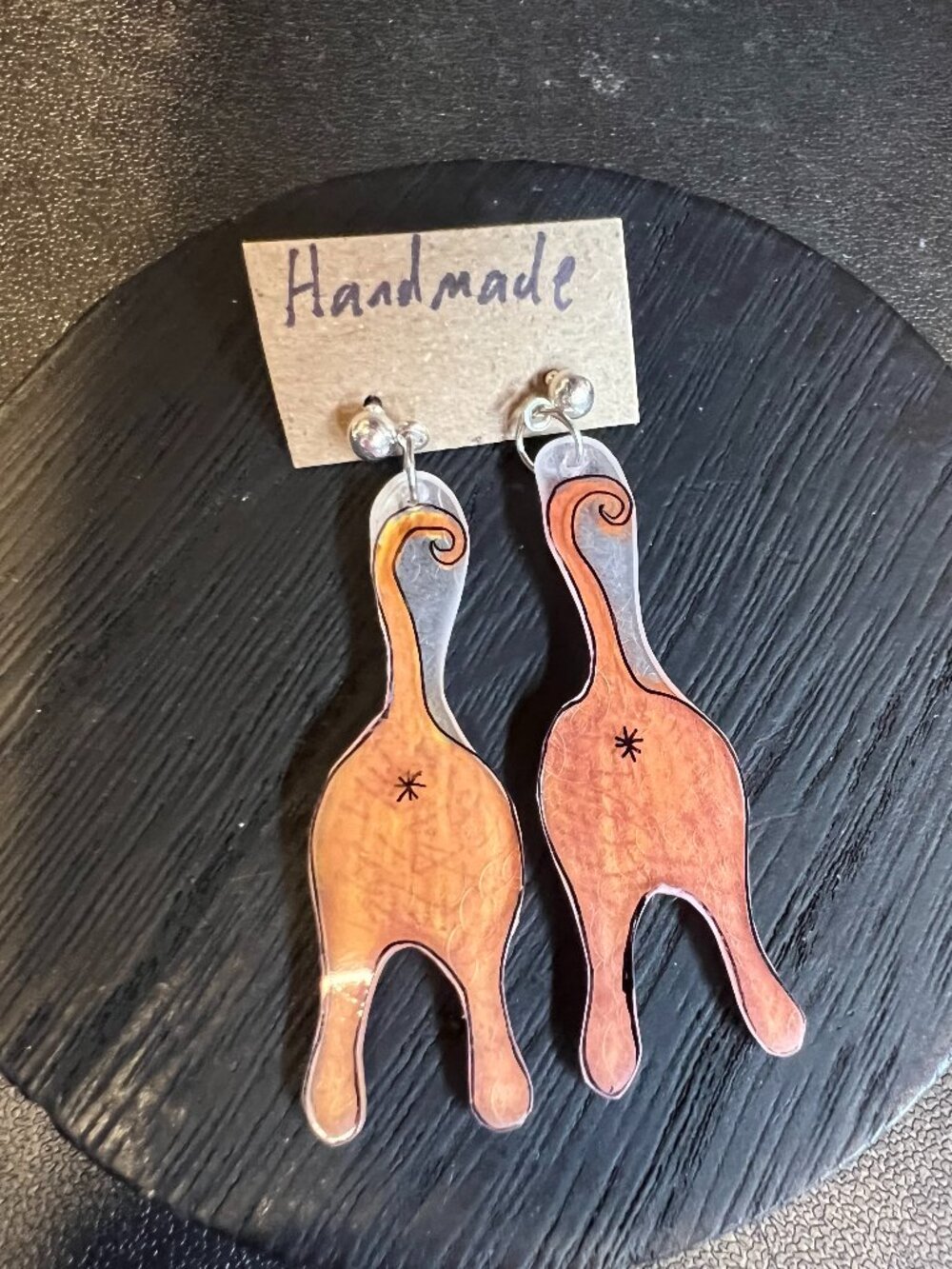 Handmade Orange Cat Butt Earrings, Stainless Steel Posts, OOAK